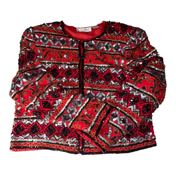 Laurence Kazar Vintage size L red and black sequined long sleeved jacket - Picture 2 of 12